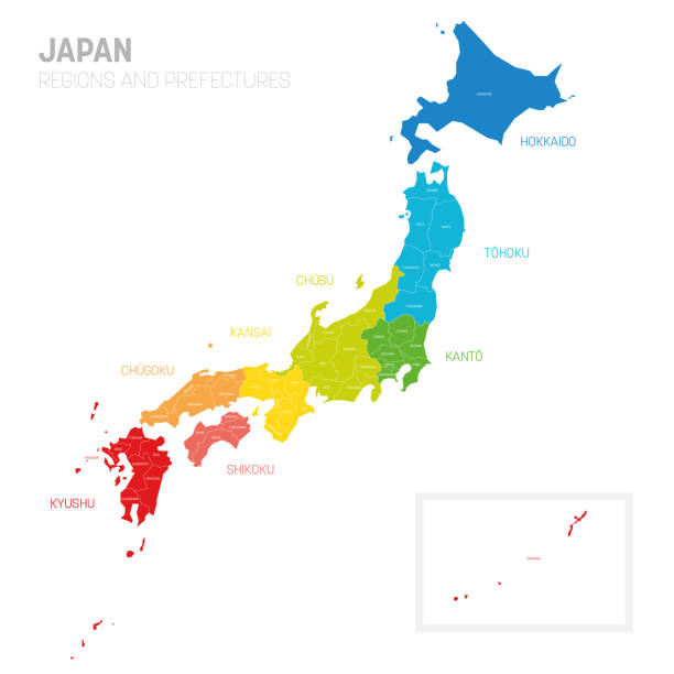 Japan - map of prefectures and regions Colorful political map of Japan. Administrative divisions - prefectures divided into regions by color. Simple flat vector map with labels. kinki region stock illustrations