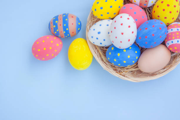 A vibrant arrangement of pastel-colored Easter eggs nestled in a basket, embodying a joyful celebration. The colors and patterns enhance the festive spirit associated with this traditional spring holiday.