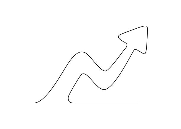 wzrost wykresu ze strzałką, pojedynczy ciągły rysunek jednej linii. biznesowa sprzedaż finansowa, wzrost rynku. rysowanie konturu szkicu jednym pociągnięciem. ilustracja wektorowa - aspirations target graph arrow stock illustrations