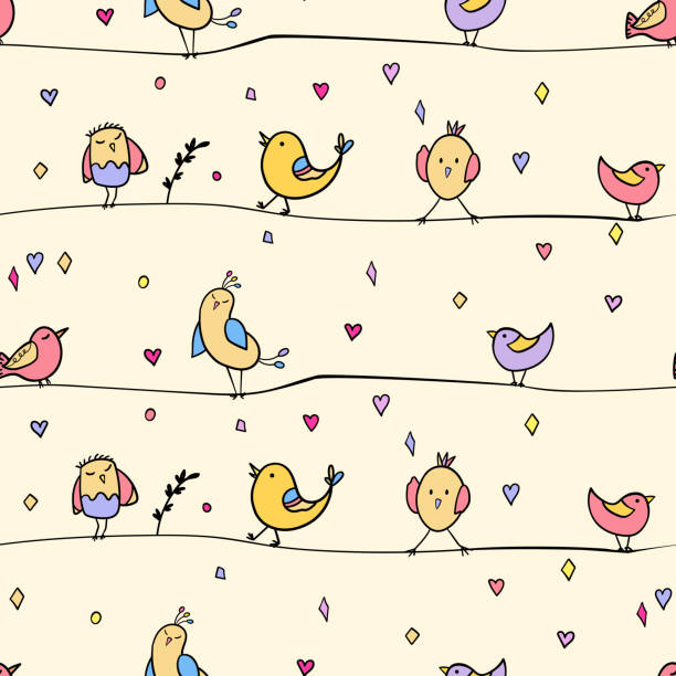 animals476 Seamless pattern with funny colorful birds sitting on wires. Color flat vector illustration with little cartoon bird. Cute characters. Template design for invitation, flyer, textile, fabric for kids. cartoon of birds on wire stock illustrations