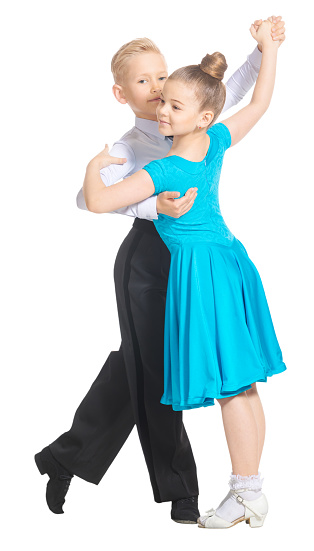 Sports ballroom dancing. Couple of dancers, boy and girl in costumes for ballroom dancing. Isolate