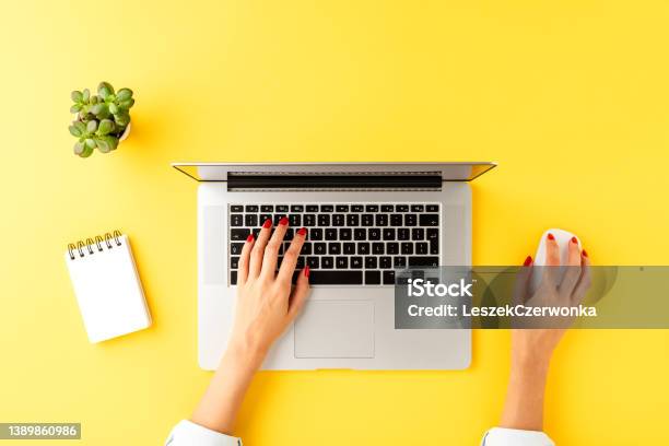 Office Desktop With Womans Hands Working On Laptop Business Background With Accessories Stock Photo - Download Image Now