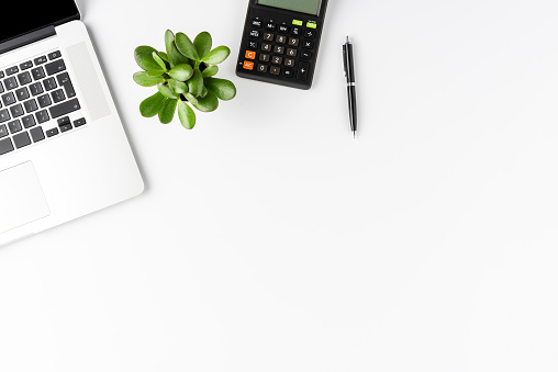 Financial concept with laptop, calculator, pen and small plant on white background. Office desktop