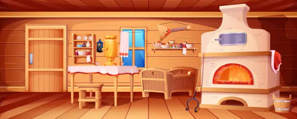 Vector illustration of Cartoon russian hut interior with old kitchen