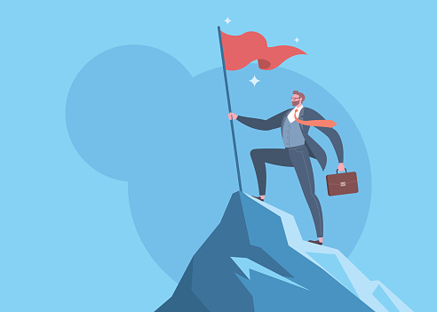 Execution success, Business goals, achieve target, successful career or victory concept. Businessman is standing on the top of mountain peak and holding flag as a conqueror in blue background.