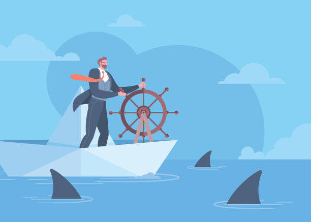 ilustrações de stock, clip art, desenhos animados e ícones de execution to success, crisis management, problems solving or leadership concept. businessman controlling the navigation of paper boat through shiver of sharks in blue background. - star nautical vessel one person direction