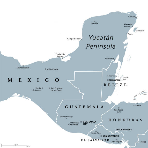 ilustrações, clipart, desenhos animados e ícones de mapa político cinza da península de yucatán, península no sudeste do méxico - peninsula