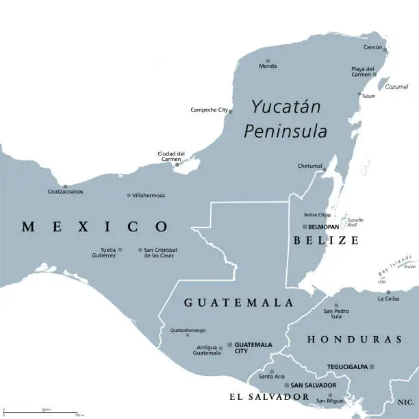 Vector illustration of Yucatán Peninsula gray political map, peninsula in southeastern Mexico