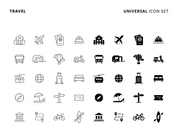 Vector illustration of Travel Concept Universal Solid and Line Icon Set with Editable Stroke. Icons are Suitable for Web Page, Mobile App, UI, UX and GUI design.