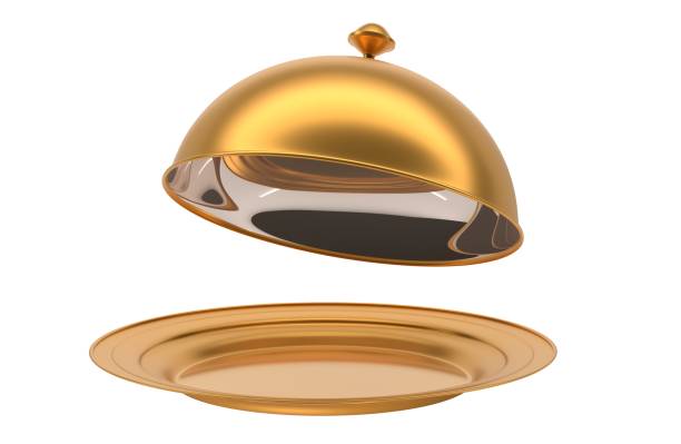 istock Gold tray with open cloche, 3d render. Realistic mockup empty plate with hemisphere lid for serving hot food in restaurant. Round golden dish with dome cover, isolated on white background 1389866265