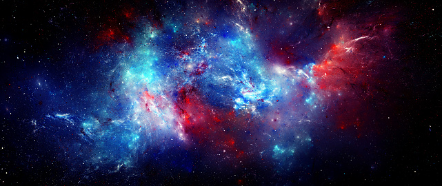 Colorful nebula in space, computer generated abstract widescreen background, 3D rendering