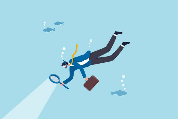Deep dive analysis, discover business problem and improvement, research and strategy to develop and explore market and optimization, businessman scuba diving with magnifying glass in deep blue ocean.