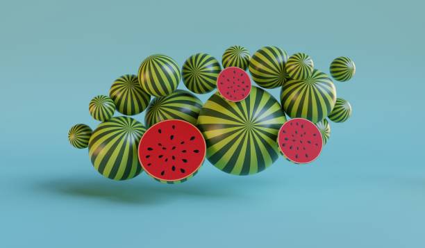 istock Whole and half watermelons flying on blue background. 3d render 1389871227
