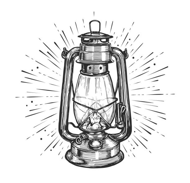 ilustrações de stock, clip art, desenhos animados e ícones de vintage glowing lantern hand drawing engraving style. kerosene lamp sketch vector illustration - oil lantern