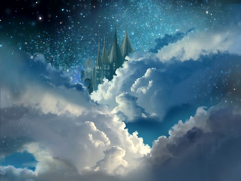 illustration of a medieval European castle in a sea of clouds with stars and a crescent moon shining in the night sky.