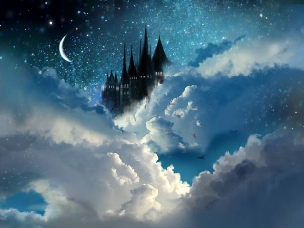 ilustrações, clipart, desenhos animados e ícones de ilustração de um castelo europeu medieval em um mar de nuvens com estrelas e uma lua crescente brilhando no céu noturno. - castle fantasy fairy tale medieval