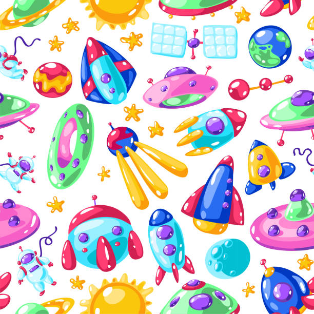 Funny spaceships vector illustration - Seamless pattern Funny spaceships vector illustration - Seamless pattern rocketship patterns stock illustrations