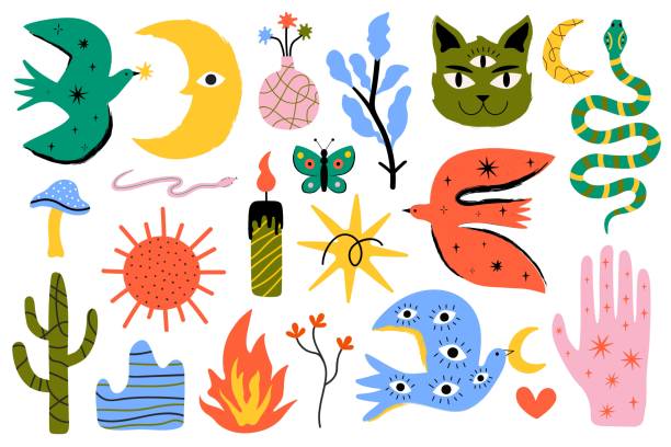 Vector colored abstract collection with animals, plants, nature and cosmos elements. Trendy sticker pack template design, print set with cat, birds, snakes. simple snake tattoo drawings stock illustrations