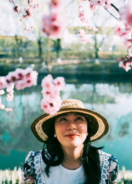 Asian Girl Enjoying Cherry Blossoms in Spring