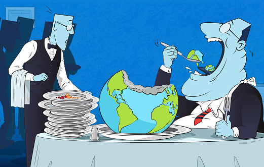 Greedy businessman eating planet Earth. (Used clipping mask)