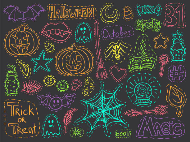 ilustraciones, imágenes clip art, dibujos animados e iconos de stock de conjunto de insignias de parches de halloween. vector de garabatos navideños. pegatinas de halloween. dibuja alfileres con calabazas, dulces navideños, herramientas de brujas y símbolos de halloween. hashtag y emoticonos en redes sociales. - spider web halloween corn pumpkin