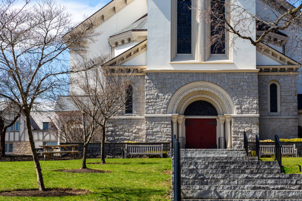 Winchester, Massachusetts, USA - April 5, 2022: First Congregational Church. Built in 1854 in Romanesque Revival style. Front door entrance
