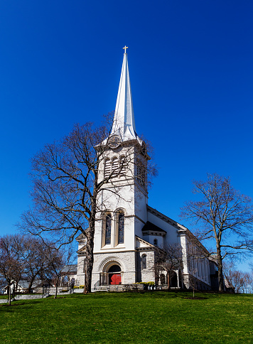 Winchester, Massachusetts, USA - April 2, 2022: First Congregational Church. Built in 1854 in Romanesque Revival style.