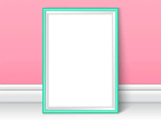 Vector illustration of Photoframe template near pink wall. Realistic mockup vector. Cute color of framing great for kids drawing, painting or photo. Turquoise picture template for children room or school theme design.