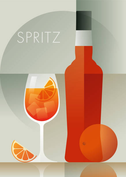 ilustraciones, imágenes clip art, dibujos animados e iconos de stock de cóctel spritz con naranja y botella. estilo art decó. - art deco illustrations