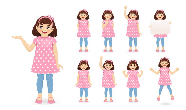 ilustrações, clipart, desenhos animados e ícones de menina diferentes poses - children only child cartoon little girls