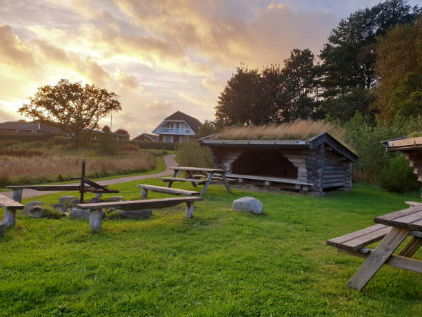 unterstand mit lagerfeuer im park, bramming, dänemark - denmark architecture nature rural scene stock-fotos und bilder