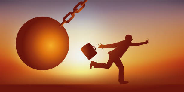istock Concept of danger with a man chased by a giant ball. 1389884434