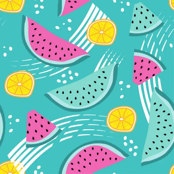 Vector illustration of Fruits seamless pattern watermelonslice and citron on turquoise backgound