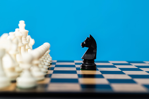 Black knight and white chess pieces on chess board.