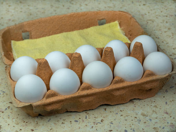istock Ten white chicken eggs in a egg box, close-up. 1389885926
