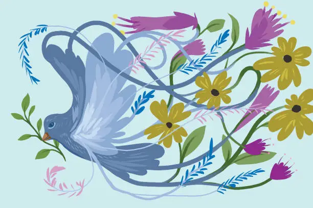 Vector illustration of Pretty dove of peace with flowers