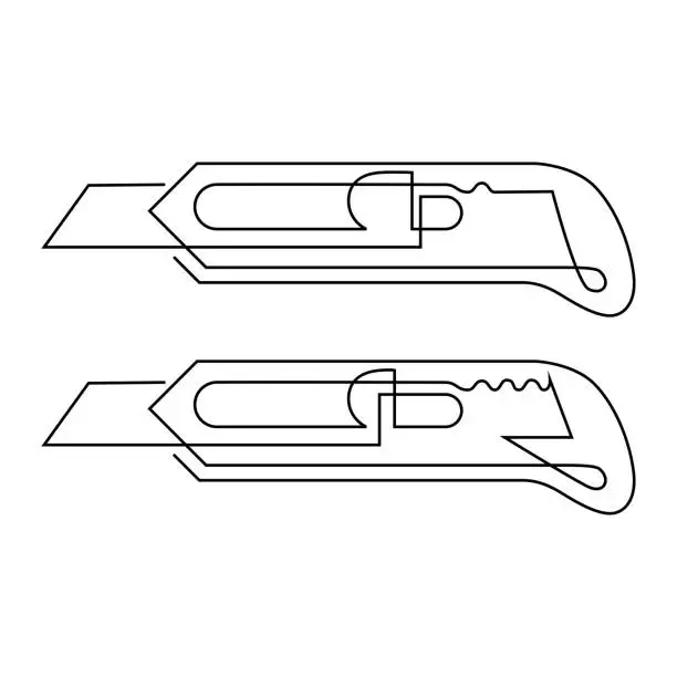 Vector illustration of utility stationery knife with a retractable replaceable blade, illustration. Vector continuous line drawing, isolated on white background.