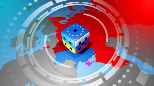EU response to Russia's invasion of Ukraine. A dice with the flags of Ukraine, Russia and EU on a map background. stock photo