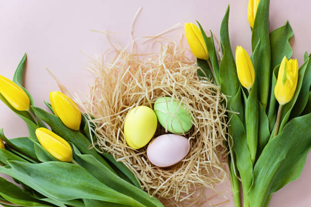 istock Stylish background with colorful easter eggs isolated on pastel pink background with yellow tulip flowers. Flat lay, top view, mockup, overhead, template 1389891903