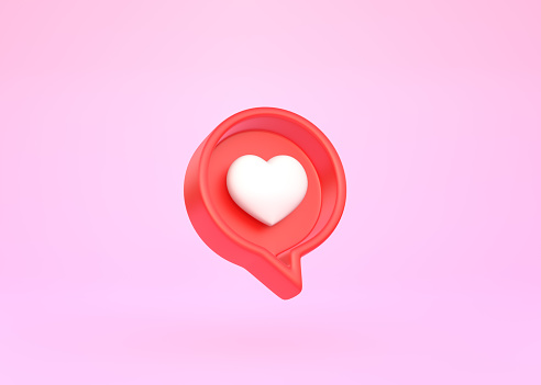 Heart in speech bubble icon on a pink background. Love like heart social media notification icon. Emoji, chat and Social Network. 3d rendering, 3d illustration