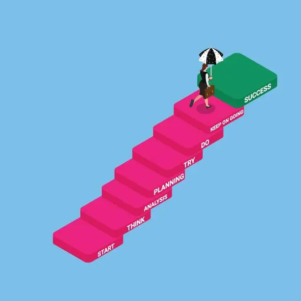 Vector illustration of Businesswoman climbing the stairs of success isometric 3d