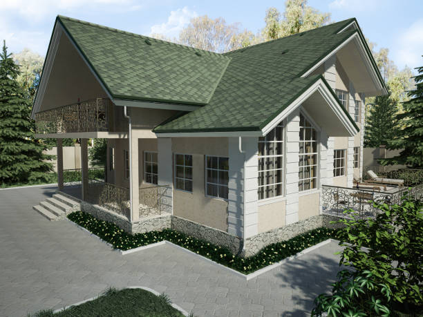3d render of an architectural project of a country house in the forest. Country house with a green roof stock photo