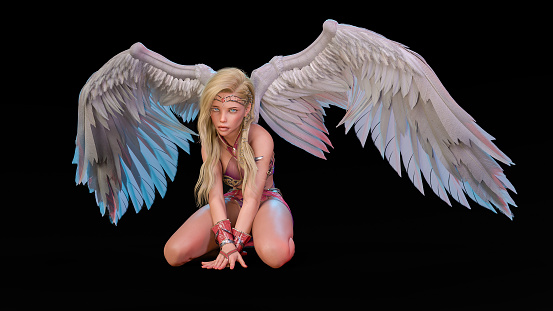 A blond-haired angel with white wings is deeply sad. The wings are lowered. Pink angelic clothes. Dark neutral background. 3D rendering
