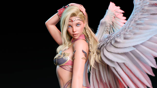 istock A blonde angel with white wings poses calmly looking at the camera. 3D rendering 1389895666
