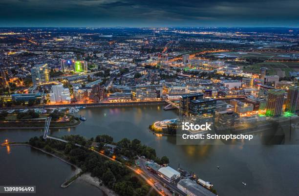 Aerial View Of Düsseldorf Media Harbor Stock Photo - Download Image Now - Düsseldorf, Night, Urban Skyline