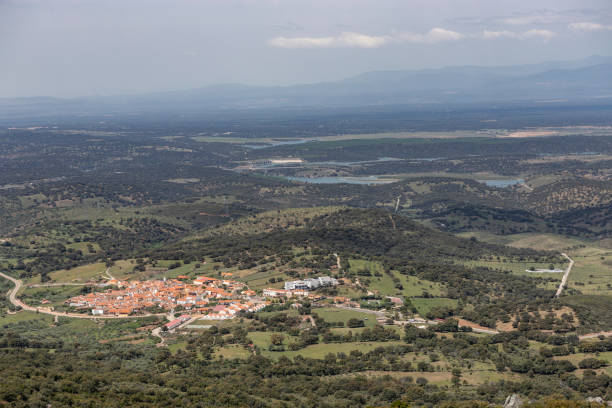 Landscape of extremadura grassland with the Tajo river stock photo
