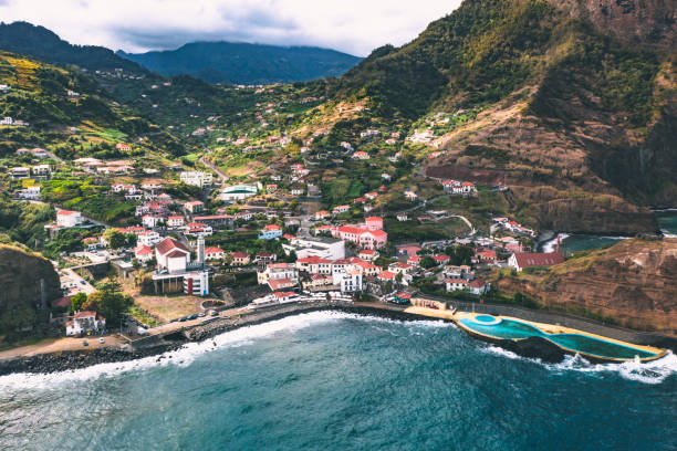 Aerial view of Porto da Cruz Madeira Portugal stock photo