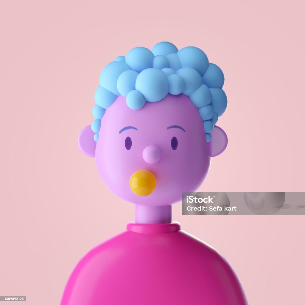 Young woman chewing gum cute iconic character. 3D Rendering Avatar Stock Photo