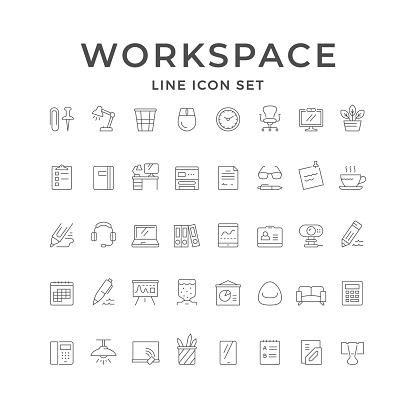 Set line icons of workspace isolated on white. Stationery, desk lamp, pen, clipboard, printer, phone, notebook, marker, headset, coffee, office equipment. Vector illustration