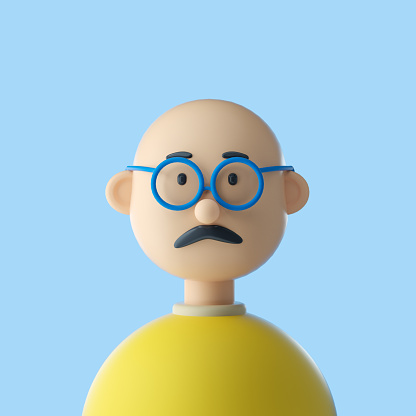 Man with hairless mustache and glasses cute iconic character. 3D Rendering